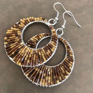 Handmade Brown & Gold Beaded Dangle Hoop Earrings